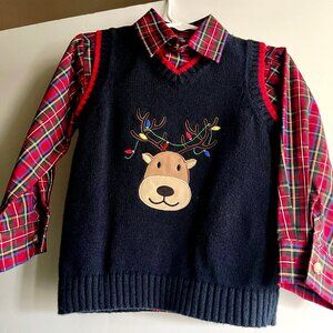 Good Lad Reindeer Sweater Vest and Plaid Shirt - 3T
